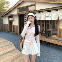 韩系辣妹风粉色半开领长袖t恤女装秋季小众修身内搭正肩打底上衣