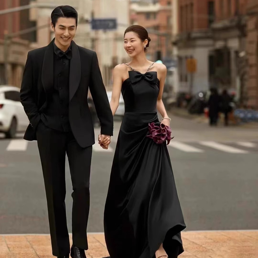 Wedding dress fishtail sling slim-fit slimming backless studio theme clothing photography art photo Black