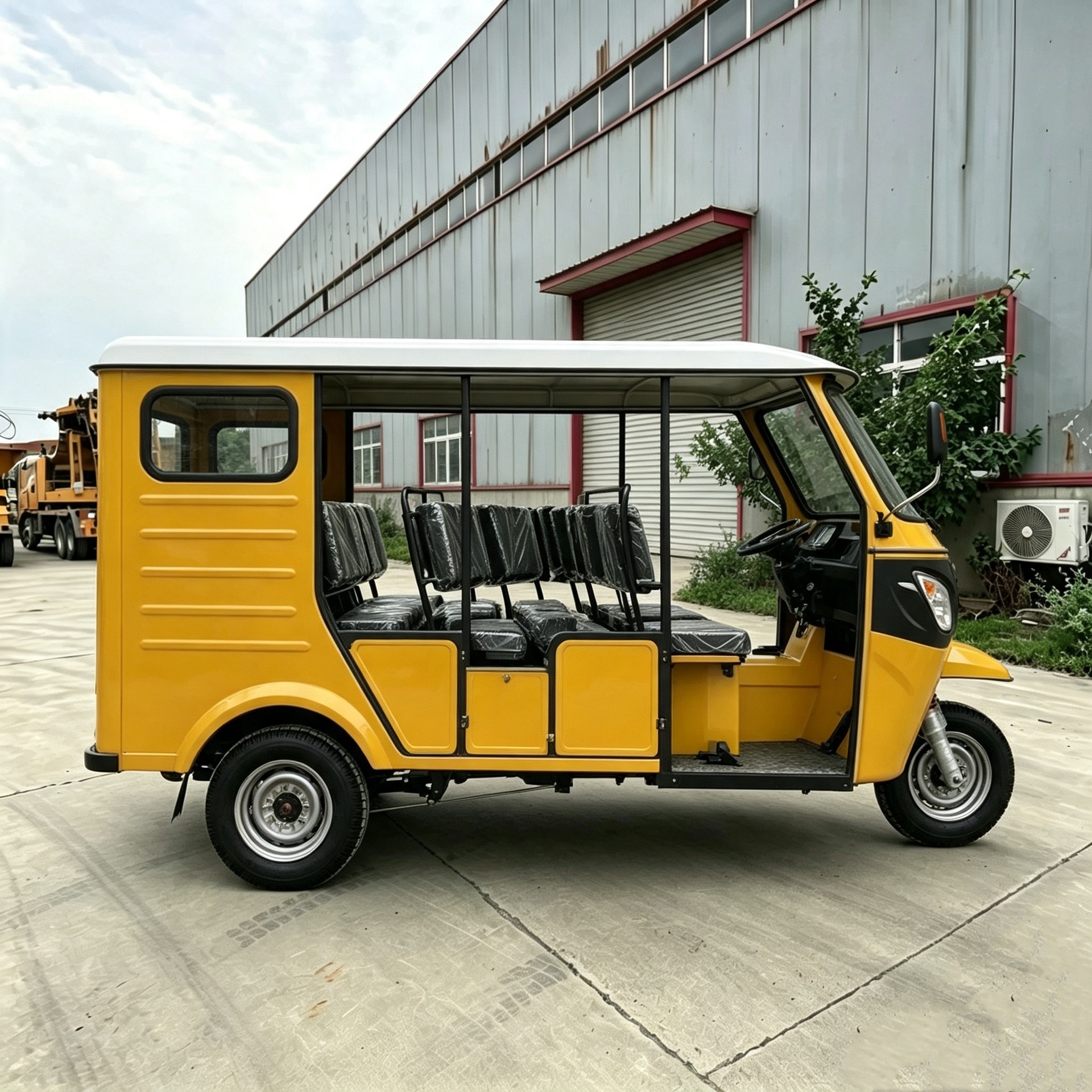 Large-space fuel-powered passenger tricycle taxi with multi-seater rainproof cabin and powerful engine, suitable for rural areas in Africa