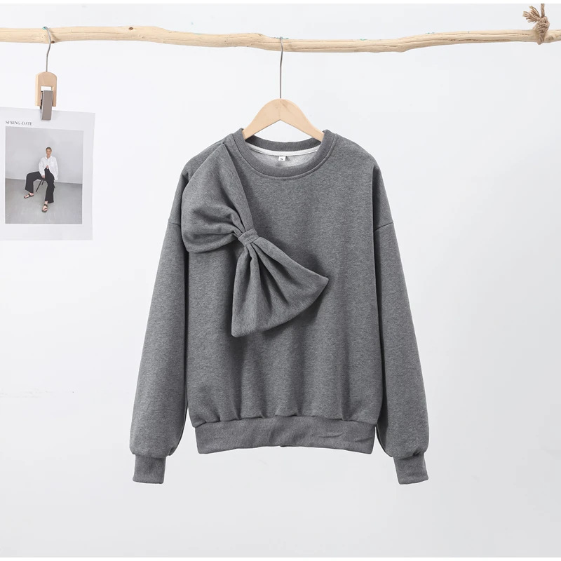 490g Weight Long Sleeve Sleeve Length Pullovers Placket Type Polyester Fabric Type Long Top Length Hoodie Tops Type Holiday, Tea Party Occasion Round Neck Neckline Loose Fit Type Solid Color Pattern Spring, Autumn Season Women's Gender Bowknot Design Casual, Elegant Style Wholesale Women's Casual Elegant Solid Color Long Sleeve Bowknot Blouses 10