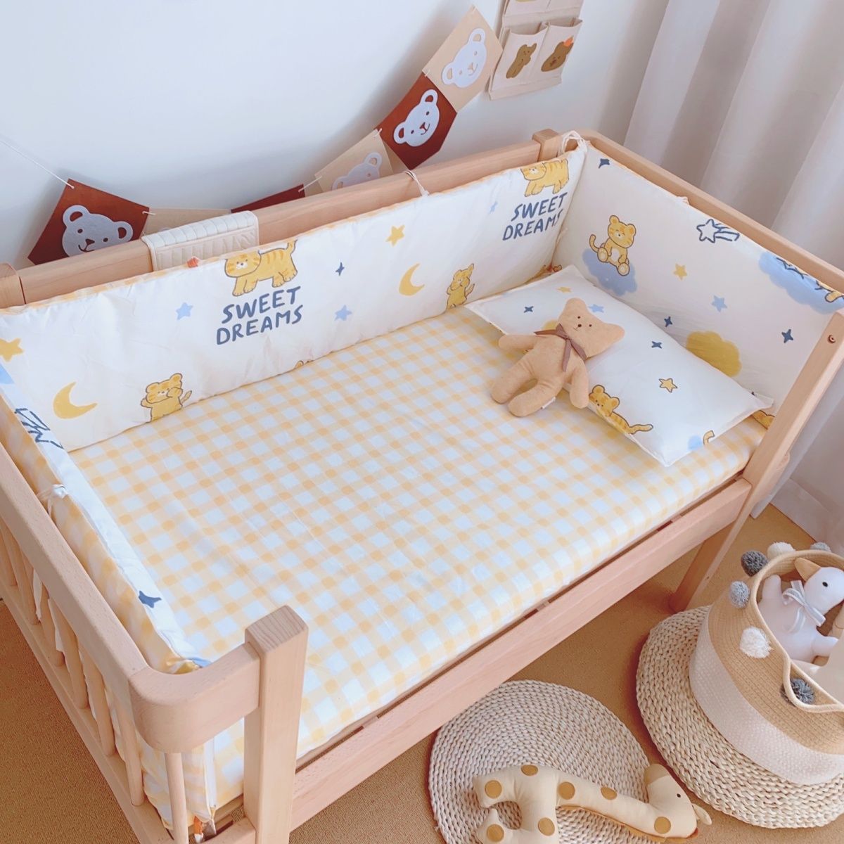 Crib Bumper Anti-Collision Pure Cotton Baby Children's Spliced Bumper Crib Bumper Small Bed Fence Thickened Removable and Washable