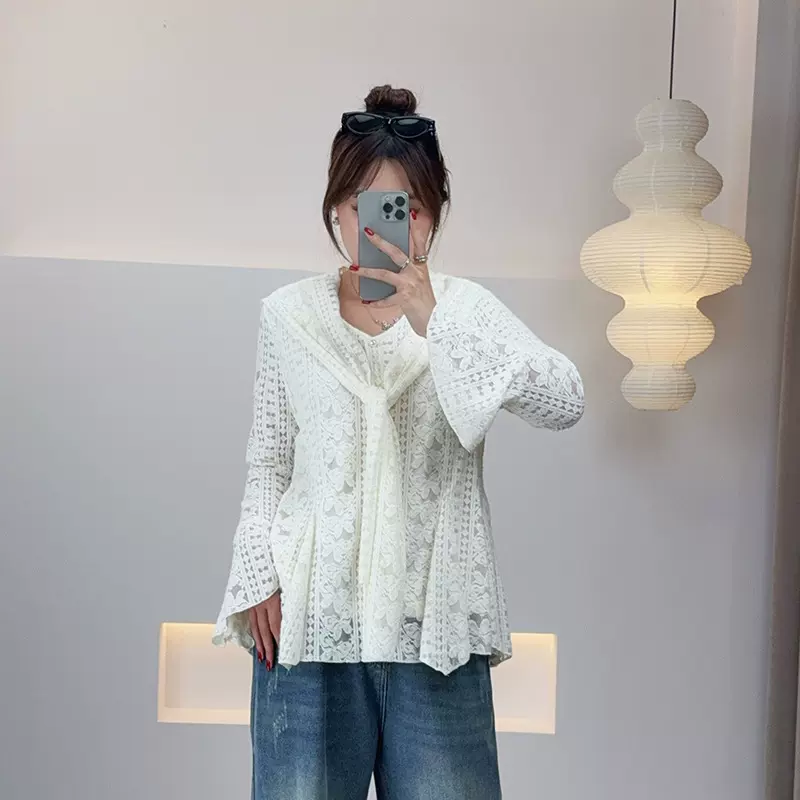 2025年冬季新款大码女装200斤胖mm蕾丝披肩不规则长袖打底衫9197