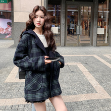 绿色格子毛呢外套女中长款2025年秋冬新款休闲百搭小个子呢子大衣