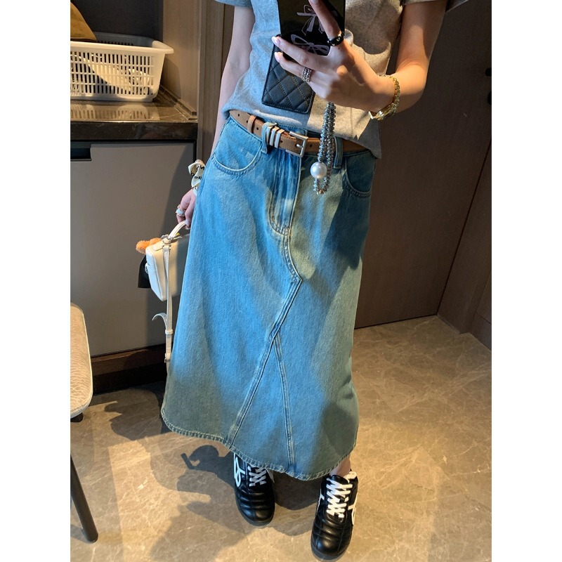 Mochie Cartoon-Style Waist-To-Hip Ratio Tencel Hemp Cotton Irregular Patchwork Washed Denim Skirt Mq1234