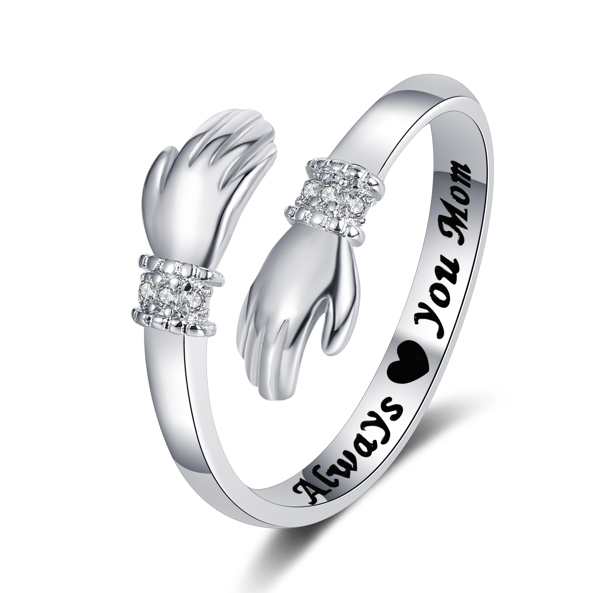 Europeo y americano creativo amor abrazo manos anillo de diamantes letras de las mujeres apertura anillo ajustable regalo de corazón