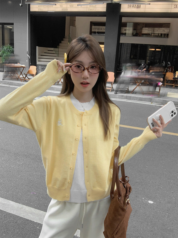 黄色甜美长袖针织开衫毛衣女外套2025秋冬新款假两件独特绝美上衣|undefined