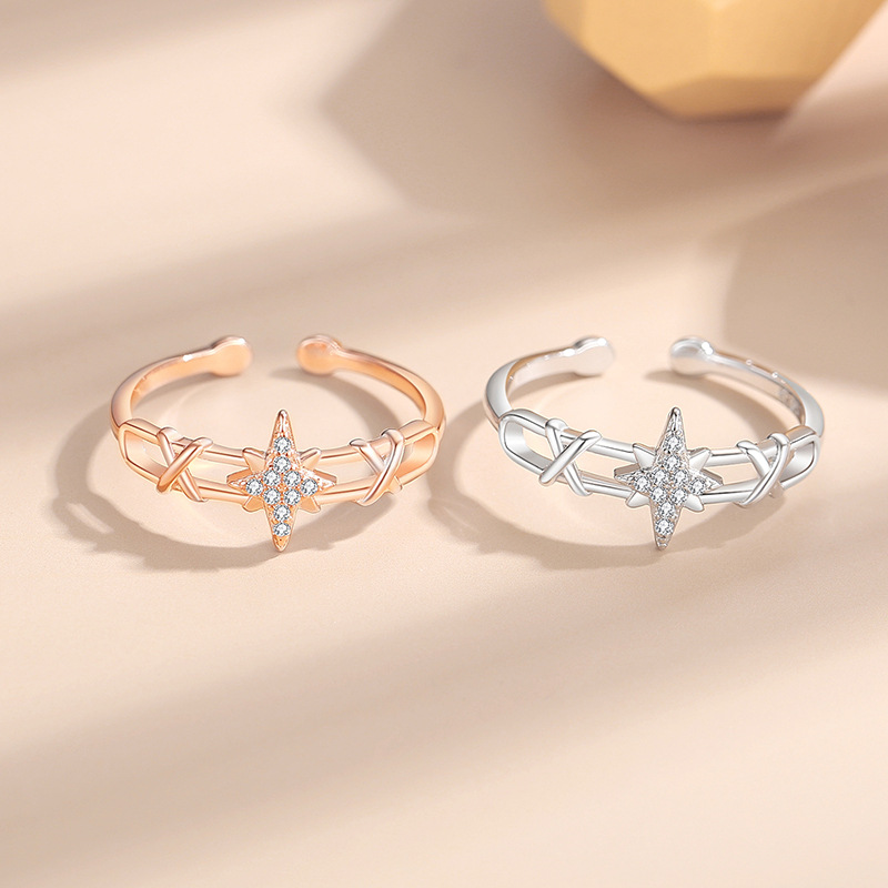 Anillo de plata 925 nicho ocho ESTRELLA DE Awn anillo de alto grado hembra Luz incrustada con diamantes de lujo ins Red de viento rojo mismo estilo anillo al por mayor