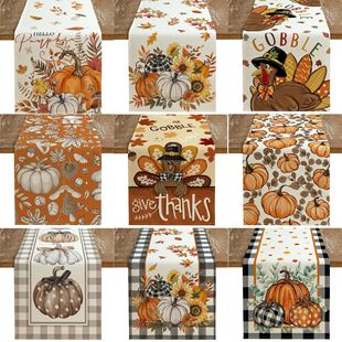 Cross-Border New Autum Tablecloth Turkey Pumpkin Harvest Thanksgiving Table Decoration Insulated Non-Slip Linen Table Runner