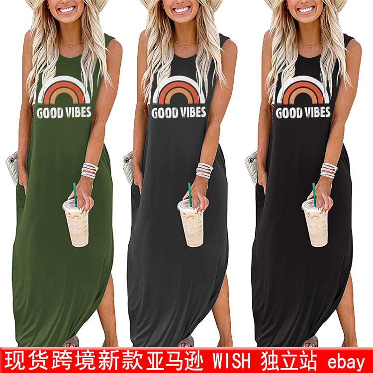 Spot Amazon Independent Station Ebay Women's Dress Good Vibes Rainbow Flap Pocket Pants Casual Sleeveless Long Skirt