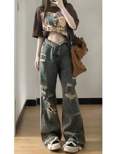  High-Waisted Distressed Denim Pants for Women, Loose Fit, Wide Leg, Inspired by Street Style and Chinese Trends—Perfect for Summer, Available via Drop Shipping