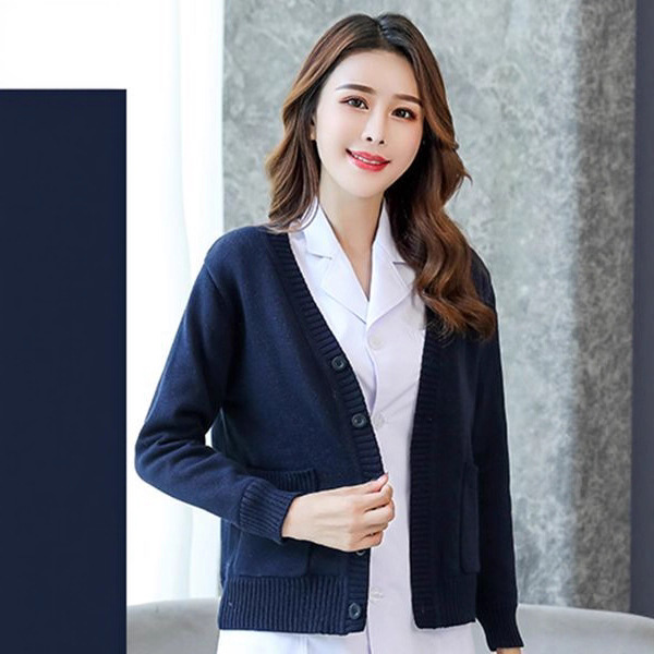 护士毛衣外套开衫女针织秋冬大码藏蓝色加绒加厚值班室蓝毛衣外穿