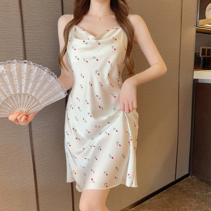 2024 verano pijama de cuello swing chica pura libido mariposa estampado eslingas de espalda descubierta sexy vestido de pijama atractivo ropa para el hogar