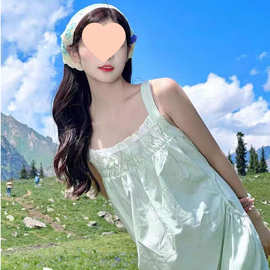 小清新薄荷奶绿吊带长裙女夏季时尚露腰抽绳木耳边露背系带连衣裙