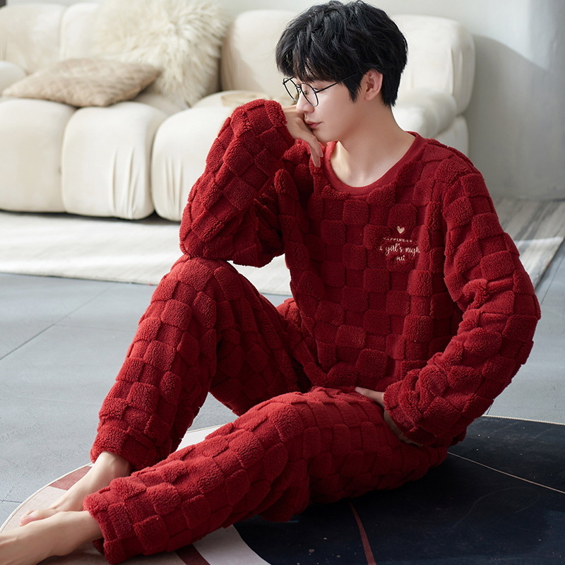 Pijamas de hombre Otoño e Invierno de los hombres de lana de coral de franela de invierno de la boda roja ropa para el hogar invierno