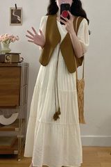 大码梨形身材短袖连衣裙女2025新款夏季胖MM遮肚显瘦裙子马甲套装