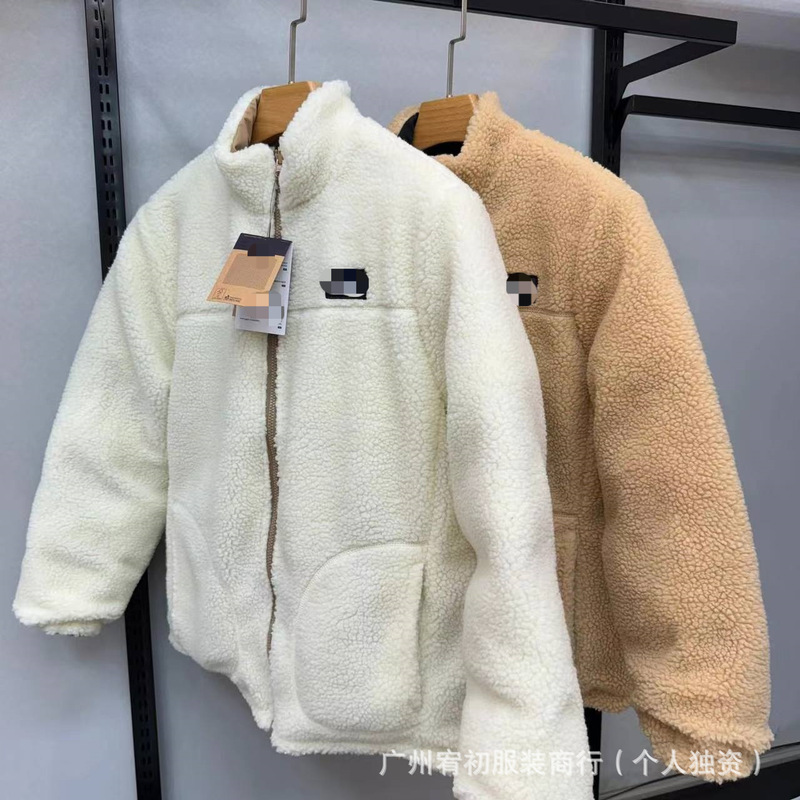 The North Face Double-Sided Lambswool Jacket, Winter Outdoor Thickened Warm Loose-Fitting Stand-Collar Cotton Coat, Casual Jacket for Men and Women