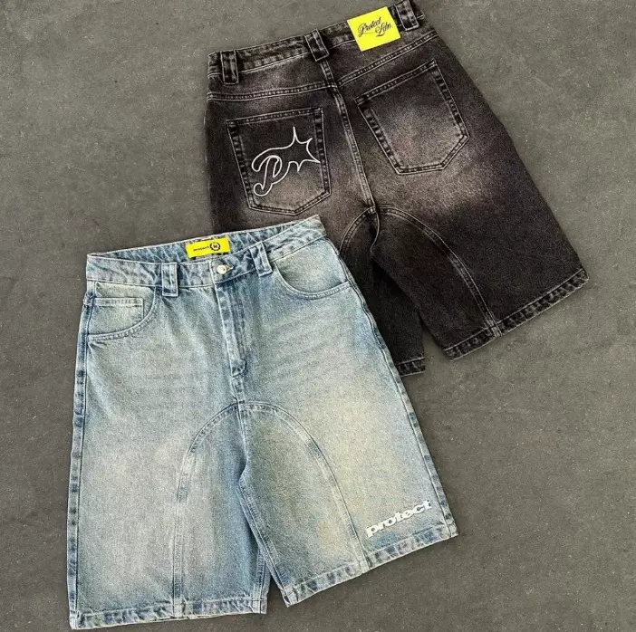 跨境欧美潮牌刺绣牛仔短裤男街头复古水洗做旧五分裤宽松百搭中裤