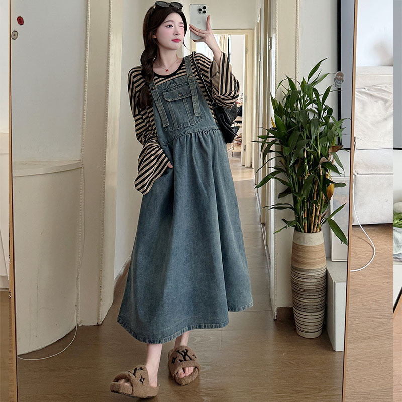 2025 New Early Spring Heavy Industry Old Wash Pregnant Women Denim Strand Skirt Sunscreen Striped Horn Sleeve Pregnant Women T