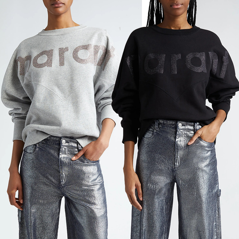 24 New Winter French Style Is Classic Letter Glitter Printed Patch Fleece Women's Fleece-Lined Round Neck Sweatshirt