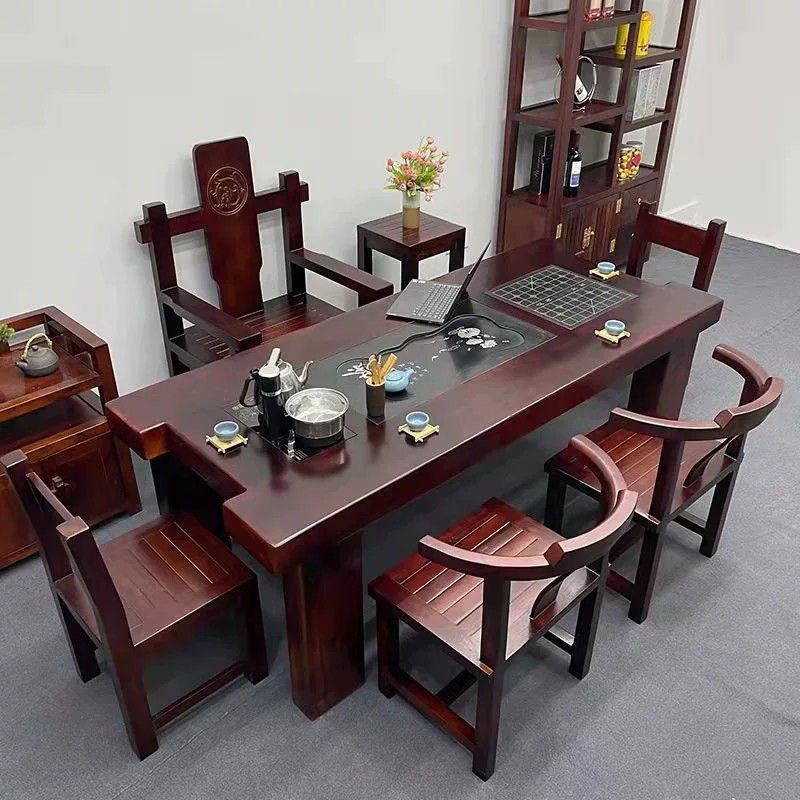 Mesa de té de madera de barco viejo, mesa y silla combinada de kung fu, mesa de té de sala de estar de madera maciza doméstica de estilo chino, conjunto de mesa de té de oficina integral
