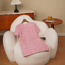 安斐欧娜新款法式小香粗花呢粉色亮片短袖圆领拉链精致连衣裙