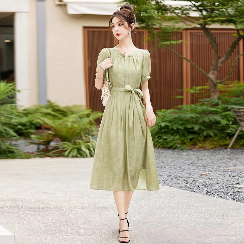 テンセルドレス夏の新しいスタイルの小柄な人向けのハイエンドフレンチウエストファッション気質痩身カバープリントスカート|undefined