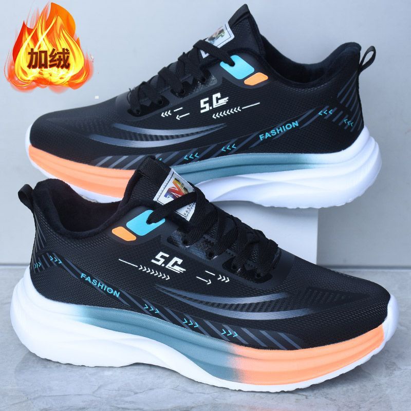 加绒跑步男鞋软底皮面防水休闲运动鞋潮流青少年冬季拼多多代发