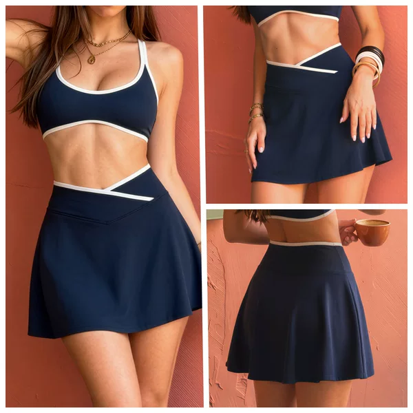 Summer Sports Short Skirt, Anti-Exposure, Nude-Feel Tennis Skirt, Half Skirt, Faux Two-Piece Pleated Yoga Fitness Sports Skirt 2134