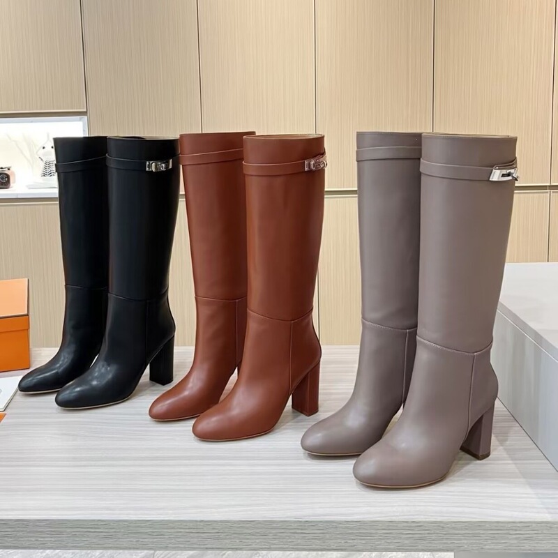 Genuine leather thick-soled long boots, 2026 autumn and winter new model, chunky heel with metal buckle, high-tube knight boots, over-the-knee women's boots Genuine leather thick-soled long boots, 2026 autumn and winter new model, chunky heel with metal buckle, high-tube knight boots, over-the-knee women's boots
