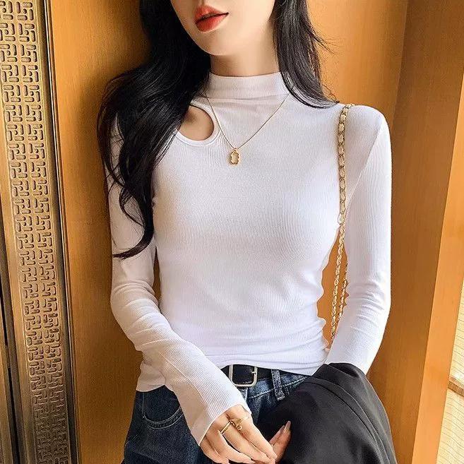 Трансграничный/новый полый воротник с чистым ветром нижняя рубашка женская весна и осень стройная футболка с длинными рукавами рубашка с внутренним верхом