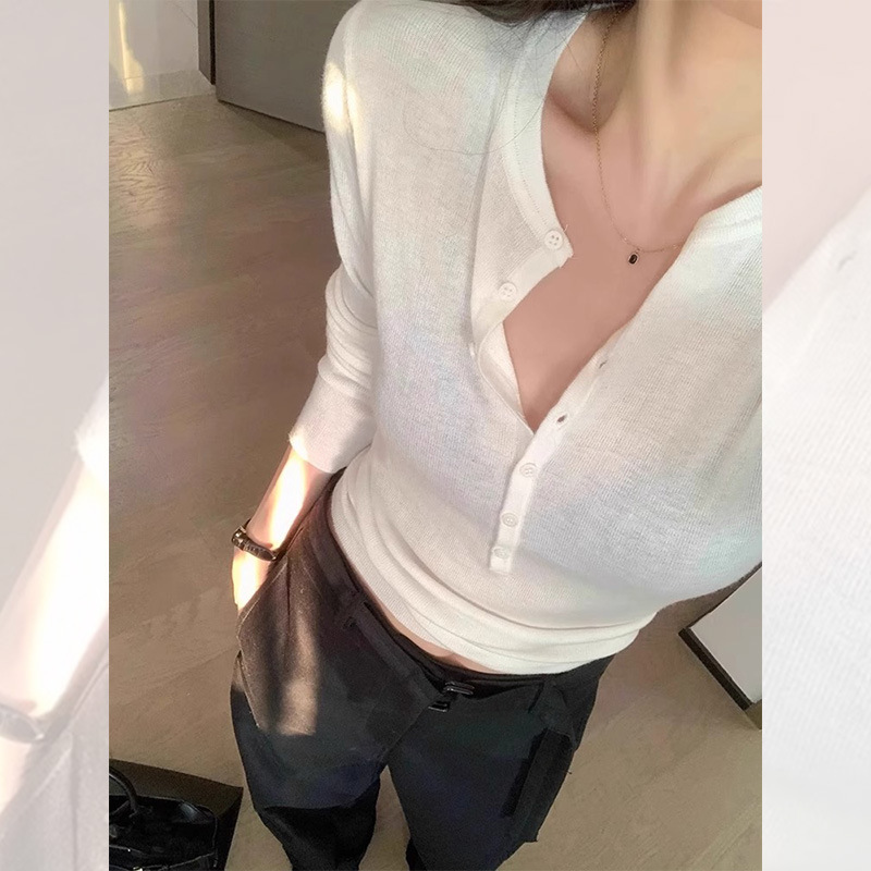 Onivintage Minimalist Slim Sweater Top Popular Version V-Neck Collarbone Knitted Base Shirt Early Autumn