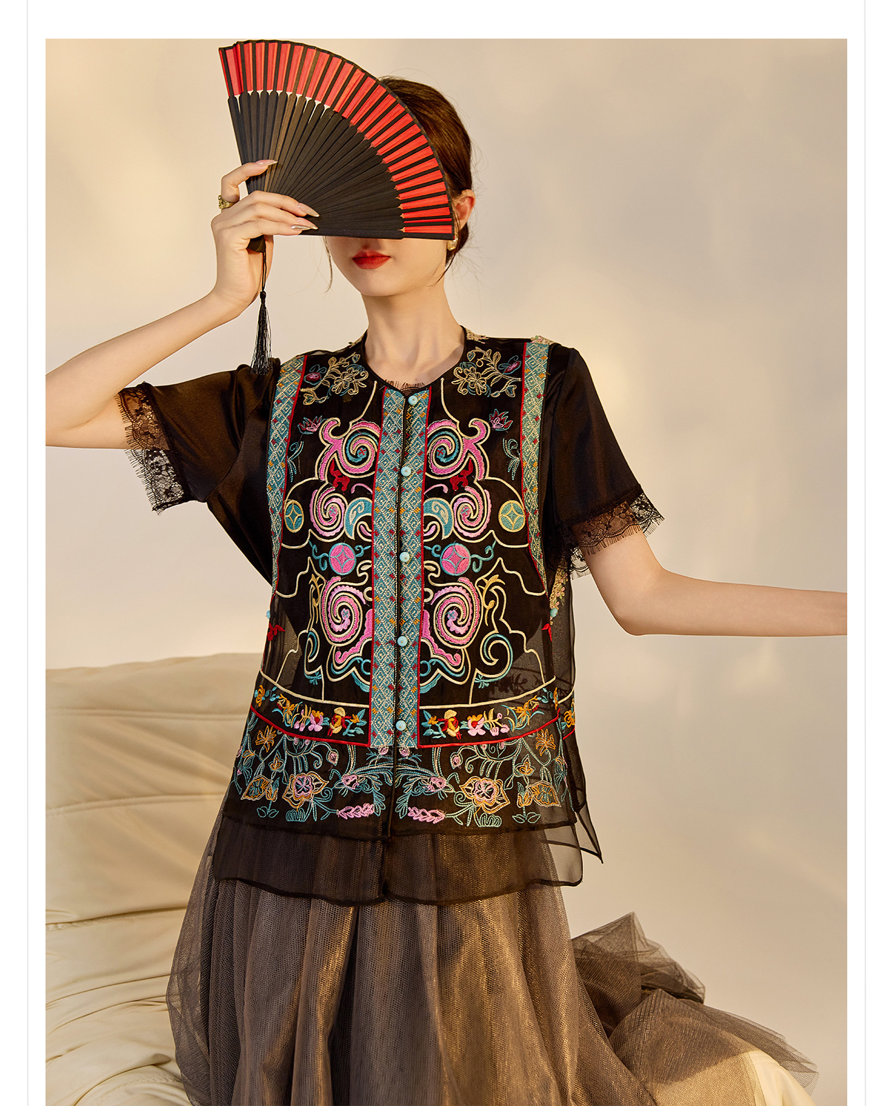 Áo vest cổ đứng phong cách retro Trung Hoa, thiết kế thêu, chất liệu tơ dâu tằm, mẫu ZX N4045 — Màu đen, Hồng mơ chi tiết 17
