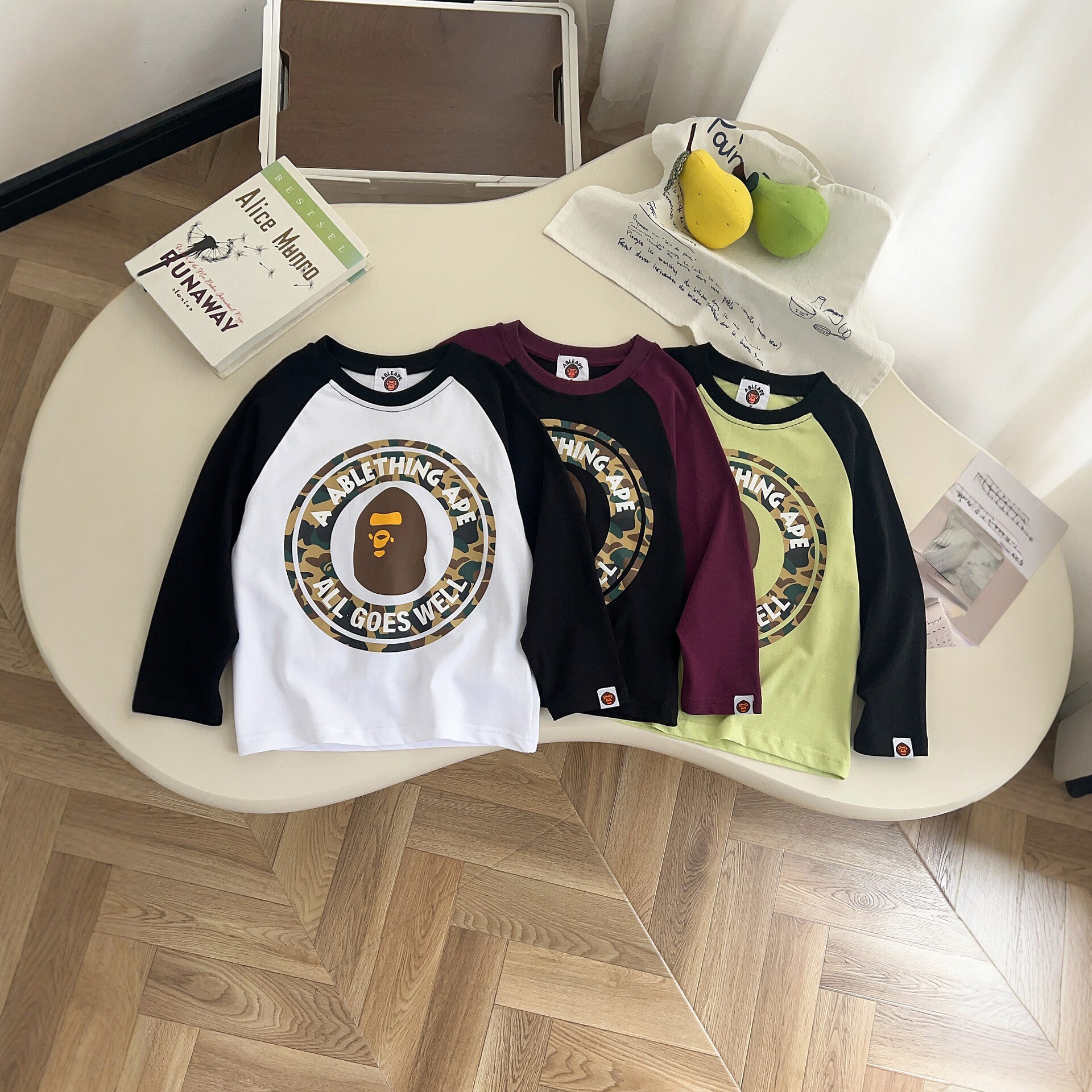 Trendy Autumn 2026 New Cotton Crew Neck Long Sleeve T-Shirt Cartoon Print Korean Style Raglan Color Block Casual Base Shirt