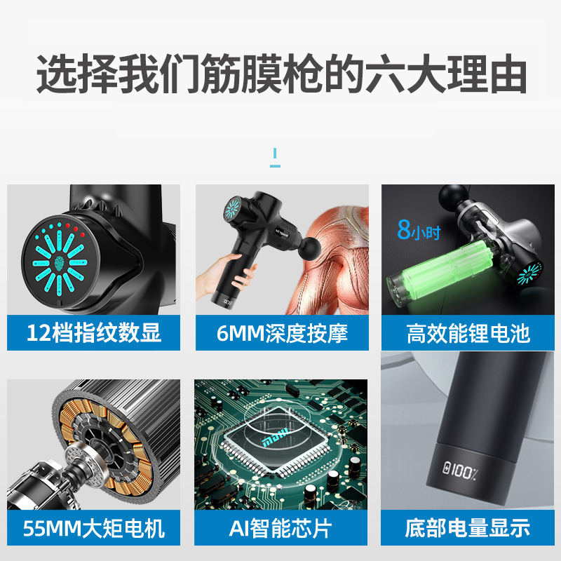 Fábrica dedicada a la vibración de la aptitud transfronteriza agarre fascia pistola de masaje eléctrico cuerpo ajustable incorporado de litio eléctrica fascia pistola