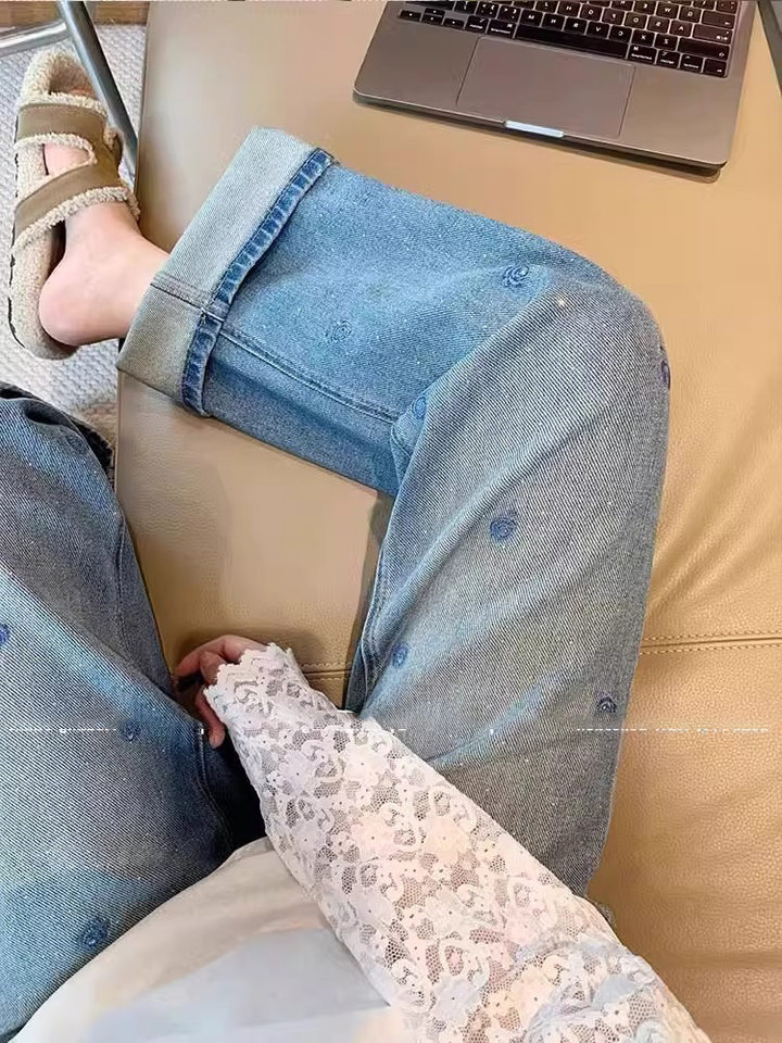 Quần jeans nữ ống rộng lưng cao dài chạm đất thêu đính đá pha lê chất denim co giãn — Màu xanh chín điểm, quần xanh chi tiết 9