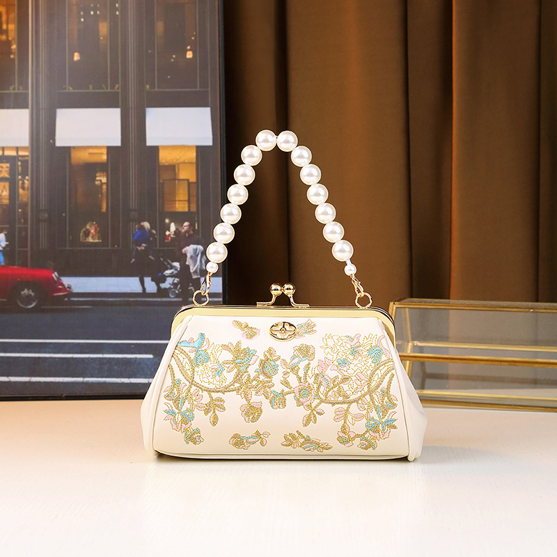 Bolsa bordada com corrente de pérolas, modelo transversal, elegante, para usar embaixo do braço, ideal para cheongsam, tamanho médio, em couro PU, com vários compartimentos._voghion.com