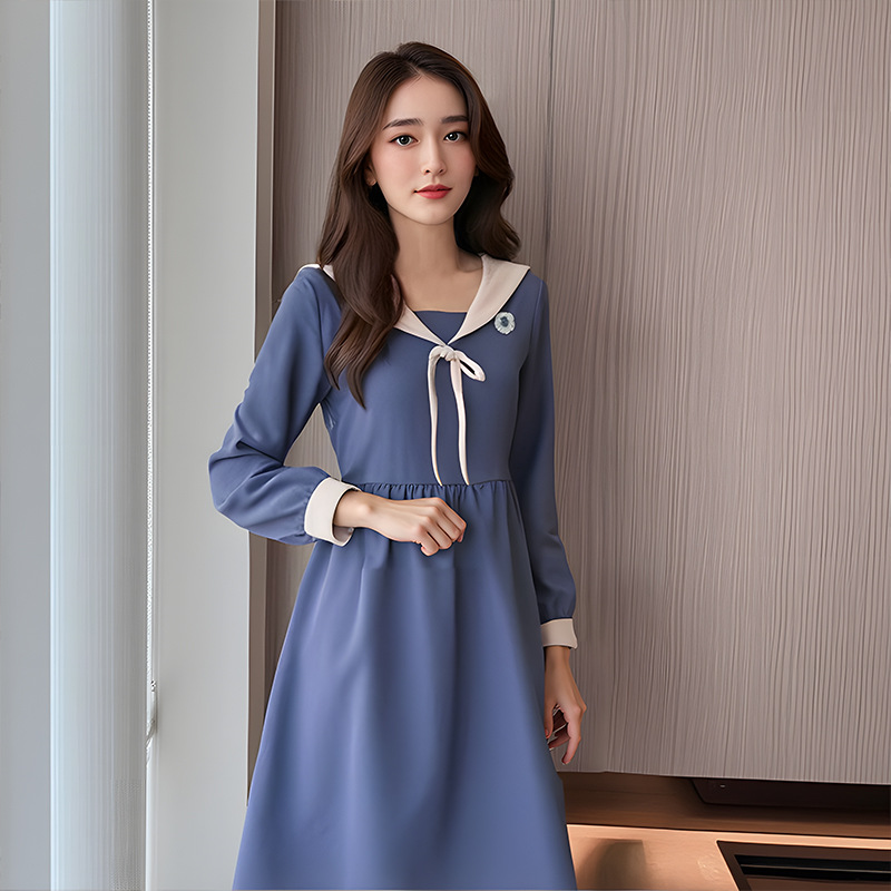 60-160kg Plus Size Navy Collar Dress 2026 Spring and Autumn Style for Slightly Chubby Girls Ladies College Style Long Sleeve Dress