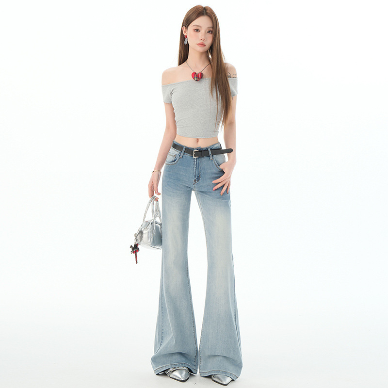 Ice Blue Stretchy Micro-Flared Jeans for Women in Summer, Low-Waisted, Slimming Look, Versatile, Non-Stick, Thin Flared Pants for Small People