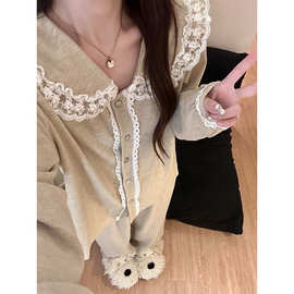 韩系纯欲简约蕾丝花边德绒睡衣女春秋季加厚保暖家居服高级感套装