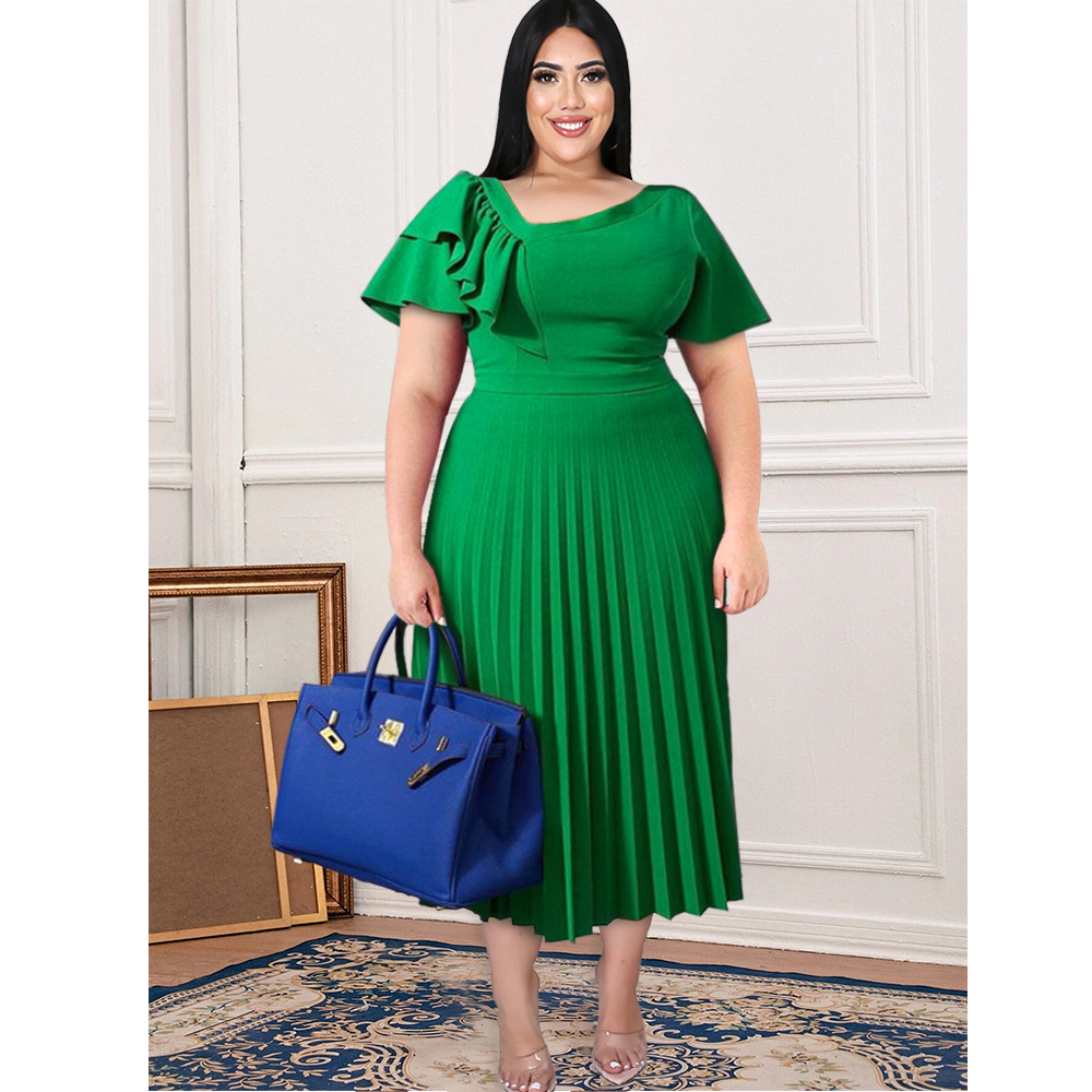 Ruffled Skirt, Pleated Skirt, Off-Shoulder Versatile Elegant Plus-Size Women's Dress Rucheddress2024 New Style