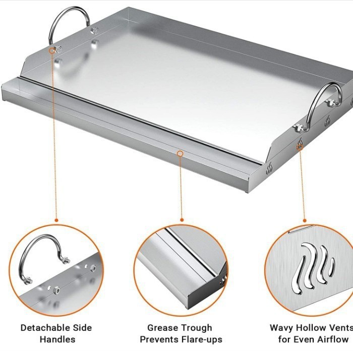 Placa de parrilla de horno de acero inoxidable con inserción de placa superior plana con mango de ranura de grasa para parrilla de gas y carbón