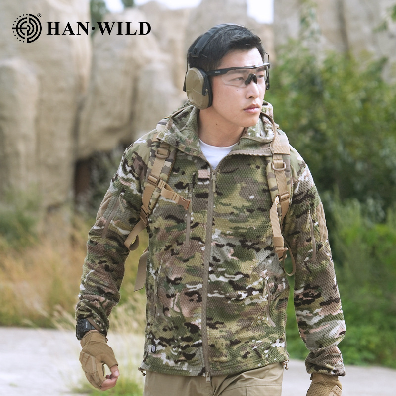 Hanye Polar Fleece Outdoor Sports Hooded Fleece Jacket Tactical Warm Coat Unisex Fleece Jacket Liner for Camping