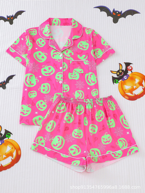越境貿易 ハロウィン レディース 半袖 ショートパンツ 欧米風 パジャマセット カーディガン 襟付き ホームウェア ゆったり 快適|undefined