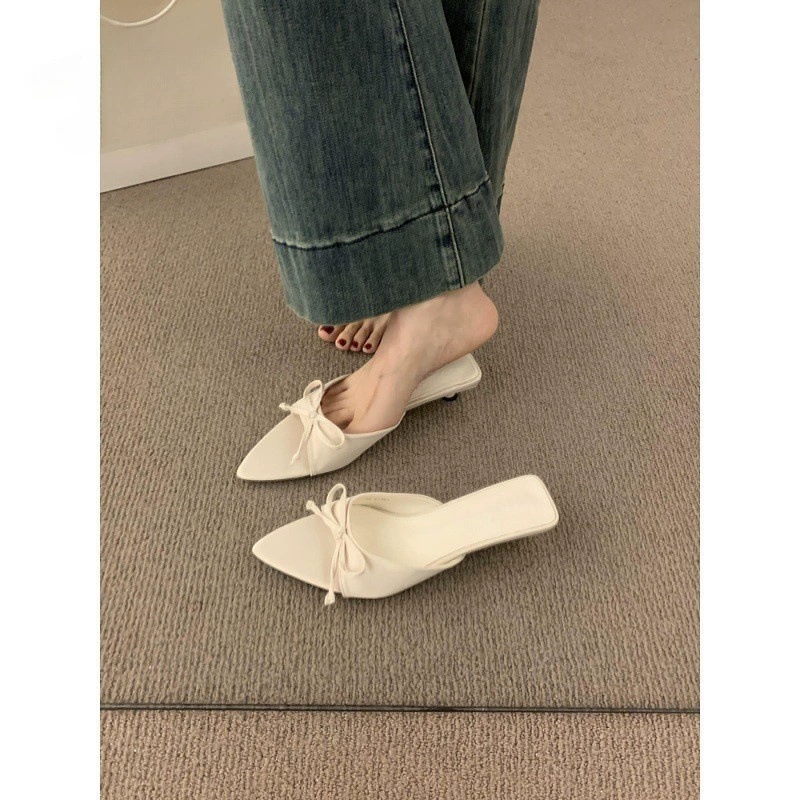 Slippers pointy toe, footwear, slide with bow, french style, 2024 years