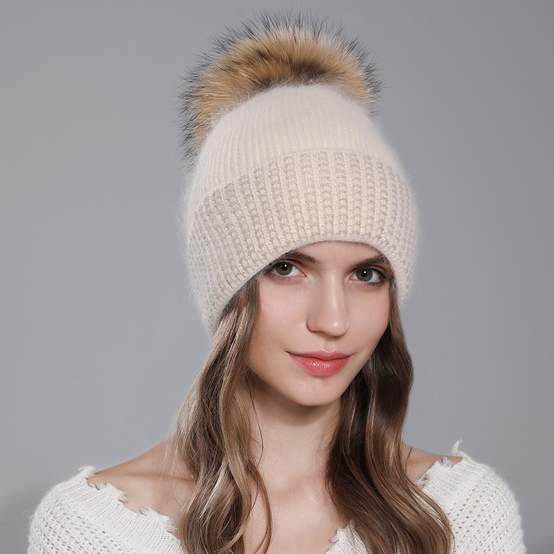 Echter Waschbärfellball für Damen, warm gestricktes Kaninchenhaar für Kinder, modische Wintermütze aus Wolle_voghion.com