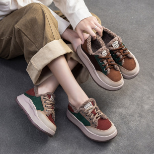 Shanghai Jie Jie 2024 winter new fleece-lined warm color matching cotton shoes fashion low top layer cowhide comfortable women's shoes