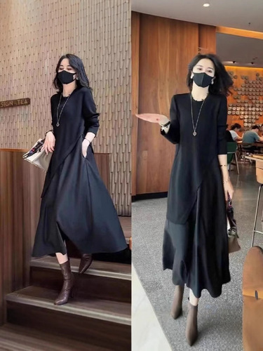 Fake two-piece irregular dress for women in autumn and winter, slimming inner layer, long-sleeved splicing skirt, mid-length