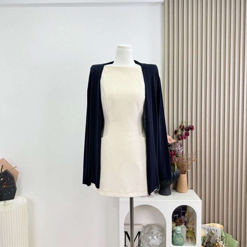 Cream School Magazine Rachel Halter Neck White Dress + Navy Tencel Cardigan Set Cream School Magazine Rachel Halter Neck White Dress + Navy Tencel Cardigan Set