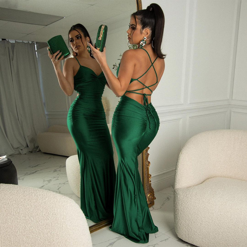 backless sleeveless pleated lace-up suspenders prom dress NSYOM112002