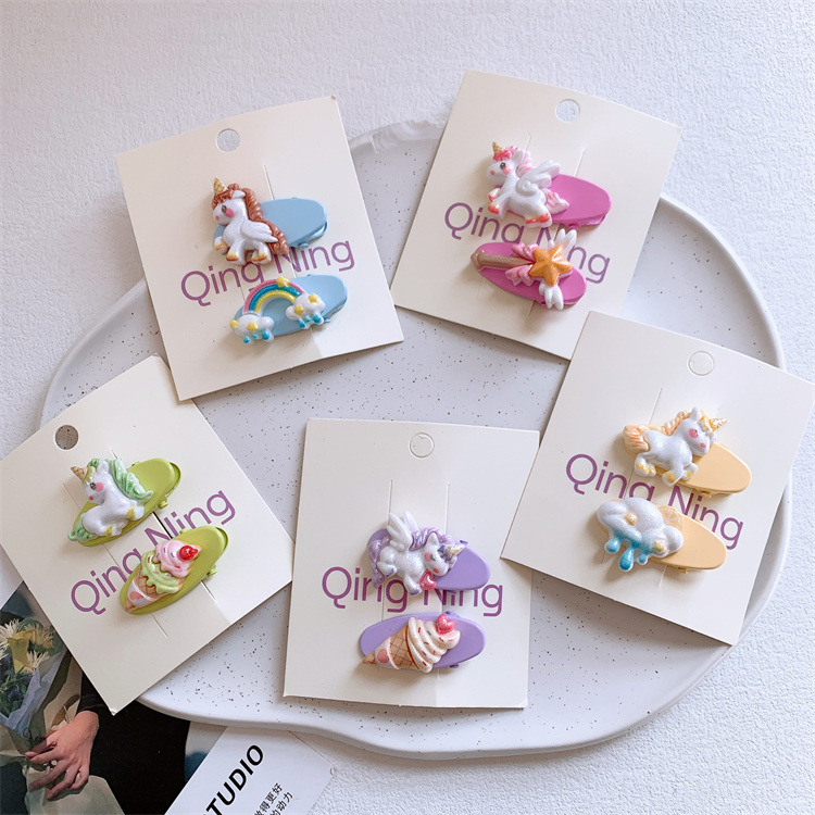 New children's cute cartoon unicorn hair clip for girls, rainbow ice cream clip set for babies, dual hair accessories